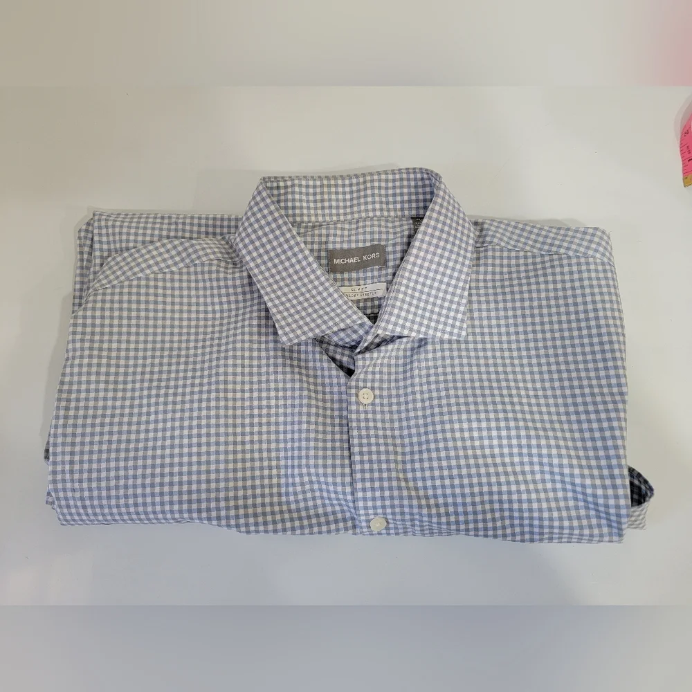 Michael Kors Slim Fit Non Iron Dress Shirt Blue Check XL 17.5 34/35 Stretch